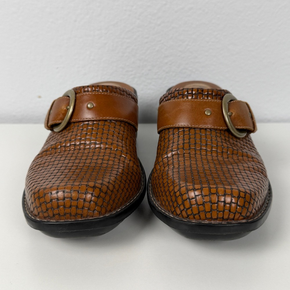 Clarks Artisan Mules Woven Leather Buckle 7.5M Brown Wedge Clogs - Picture 14 of 14